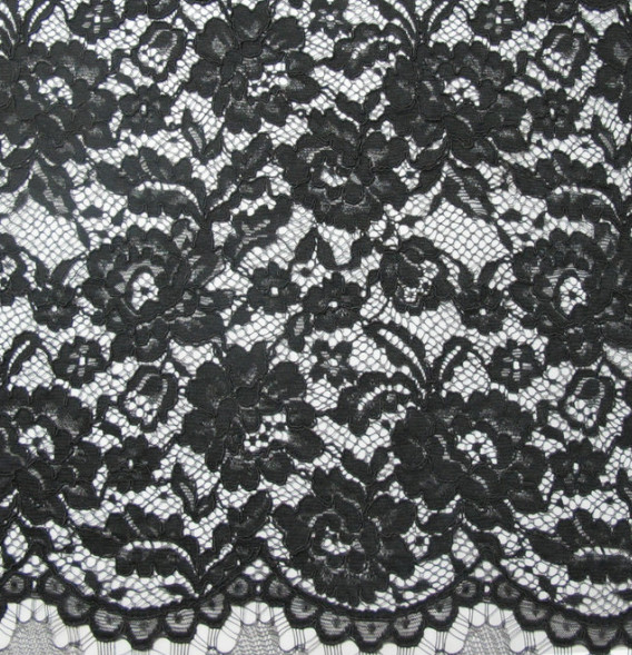Edge Nylon Viscose Cord Lace Fabric , Black Floral Scalloped Lace Fabric