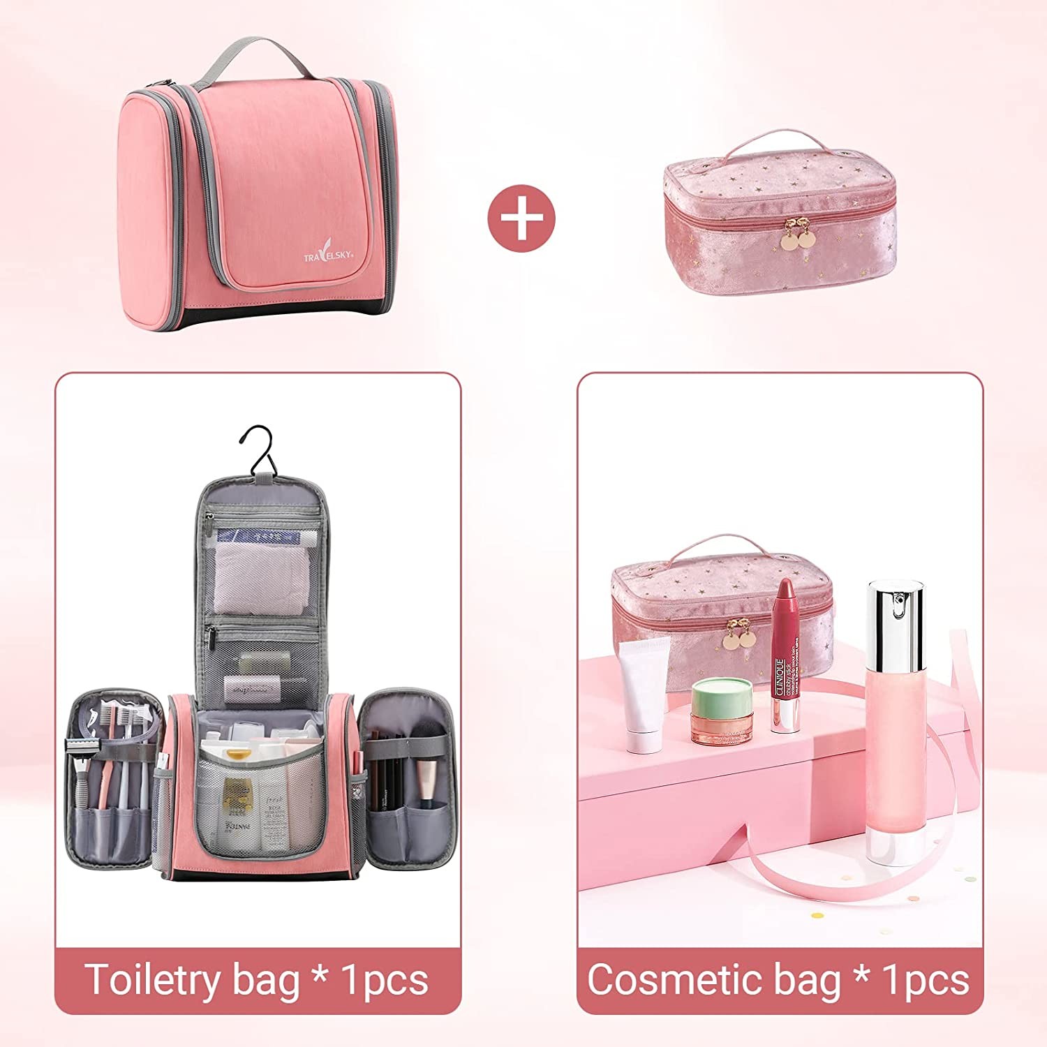 Hanging Toiletry Bag for Women,Pink Makeup Travel Bathroom Bag,Waterproof Medium Ladies Travel Toiletry Bag
