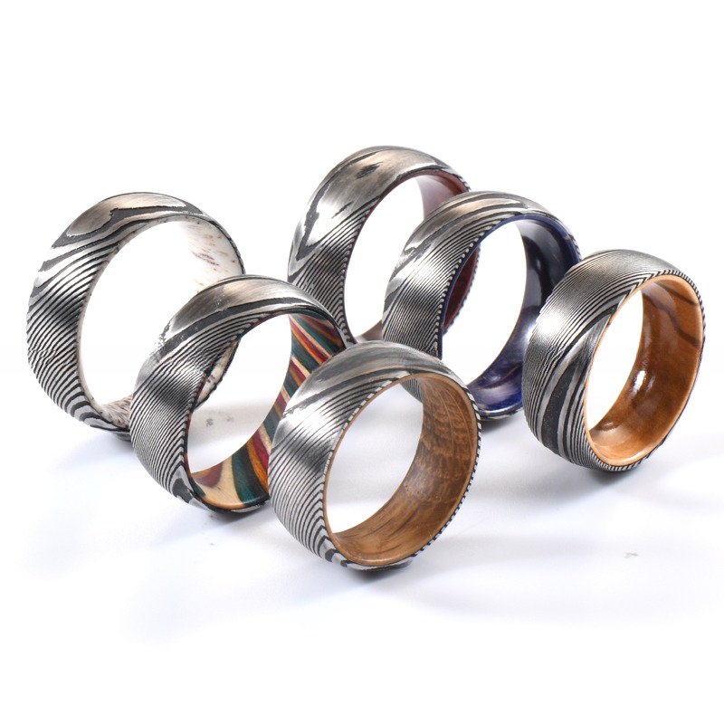 Damascus Steel Wedding Ring With Real Deer Antler Or Wood Sleeve Inlay