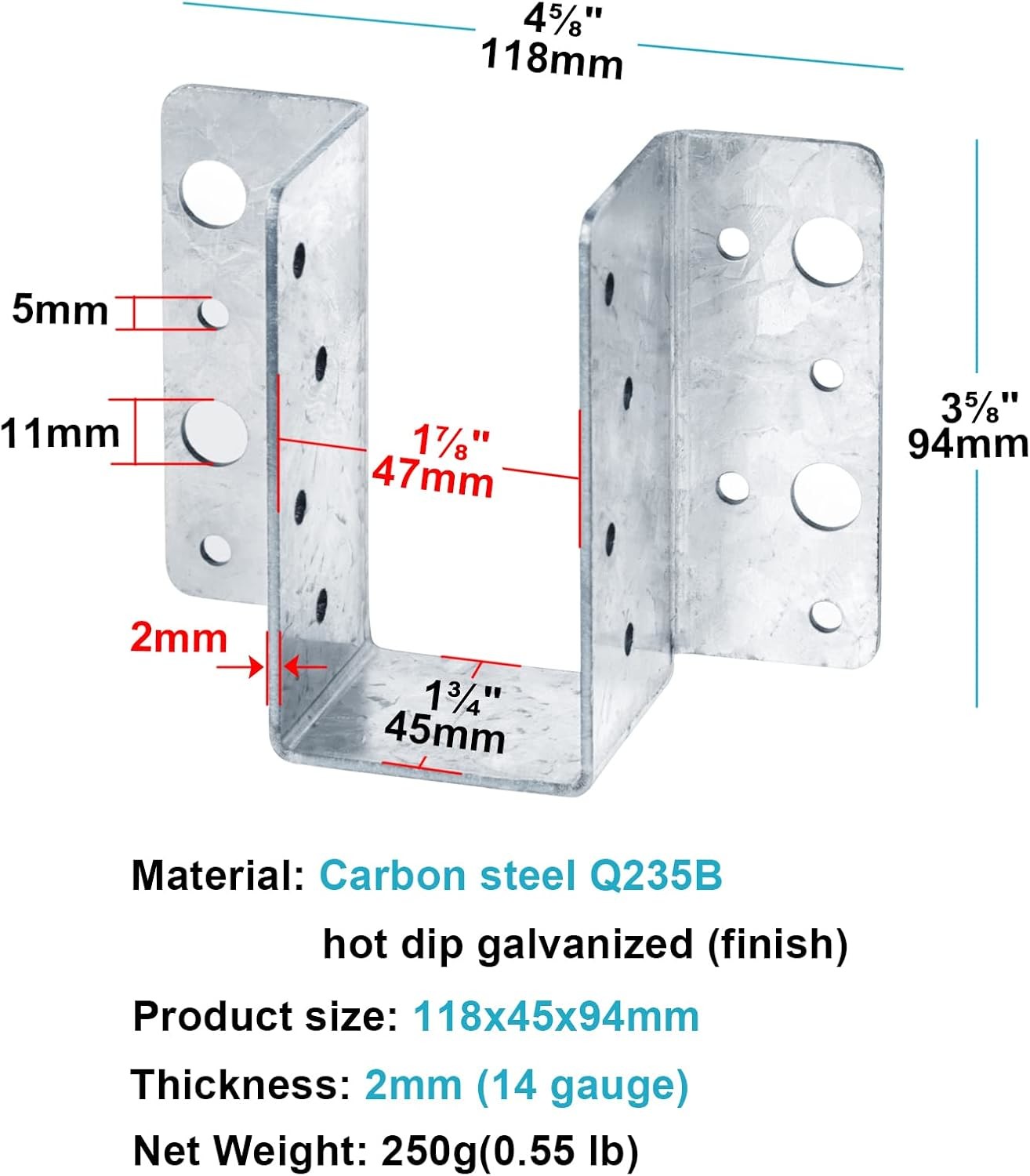 Face Mount 2x6 Joist Hangers With Galvanized Finish For Secure Beam Connections 20-Gauge Steel 2x6 Bracket Easy DIY Installation