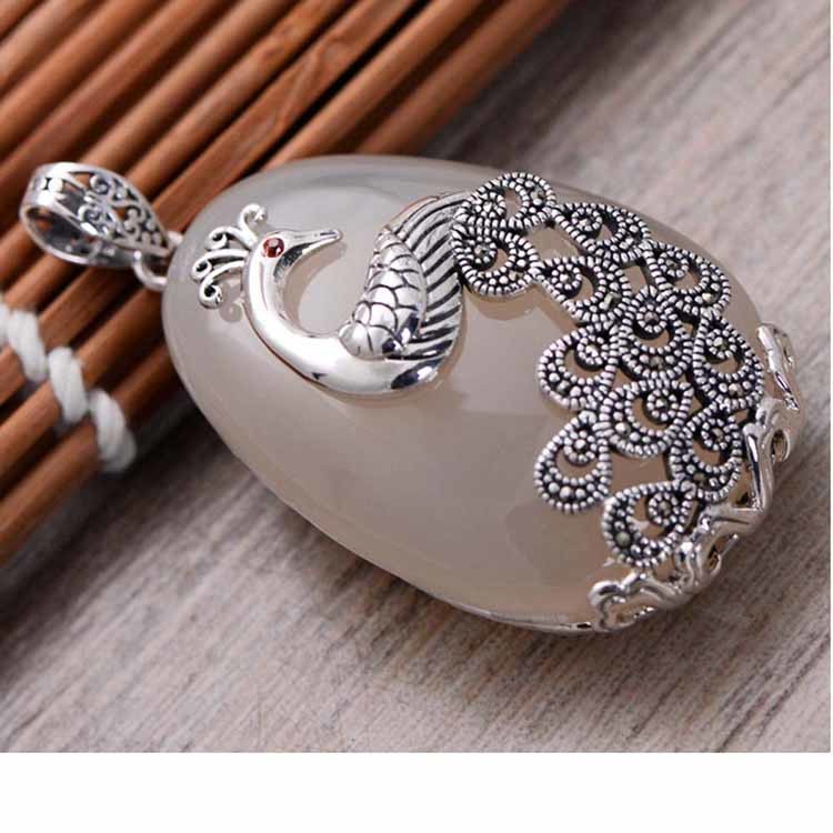 Sterling Silver Peafowl Style White Chalcedony Pendant Neclace (041001)