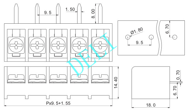Pitch 9.5mm Electrical Connector Blocks , Pcb Wire To Board Connector DL9500B-XX-9.5
