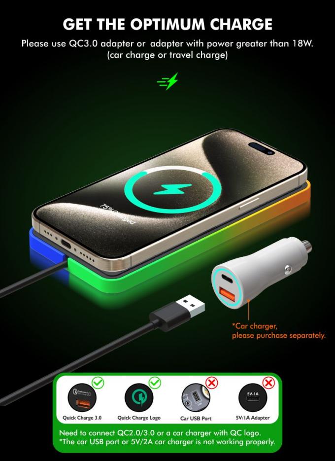 Black RGB Car Wireless Charging Pad For Apple IPhone/Watch 9V/2A Input Power Protection 2