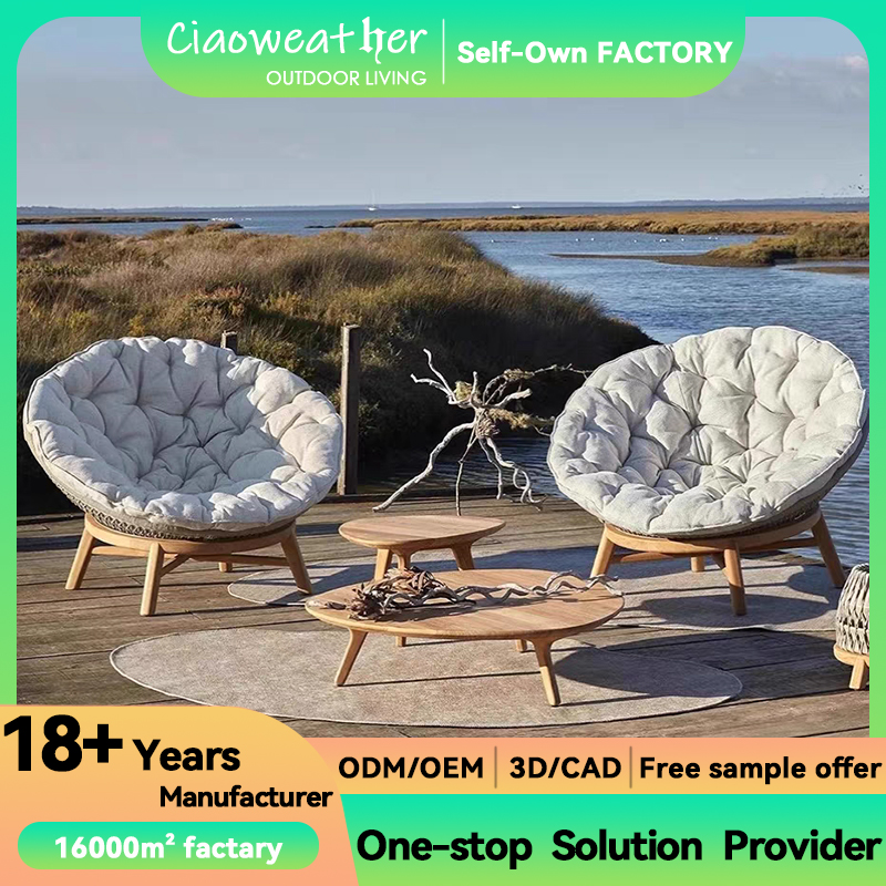 Morden Design Hotel Garden Sofa Teakwood Outdoor Furniture with Waterproof Fabric and Courtyard Wooden Lounger Chair