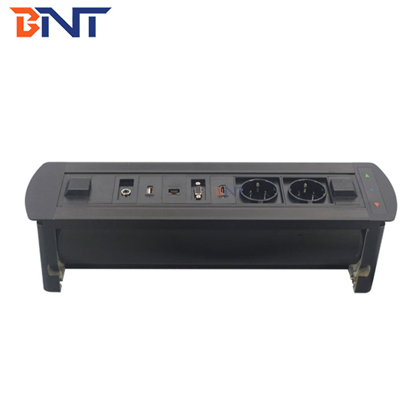 Media power data connection motorized flip up tabletop power socket box