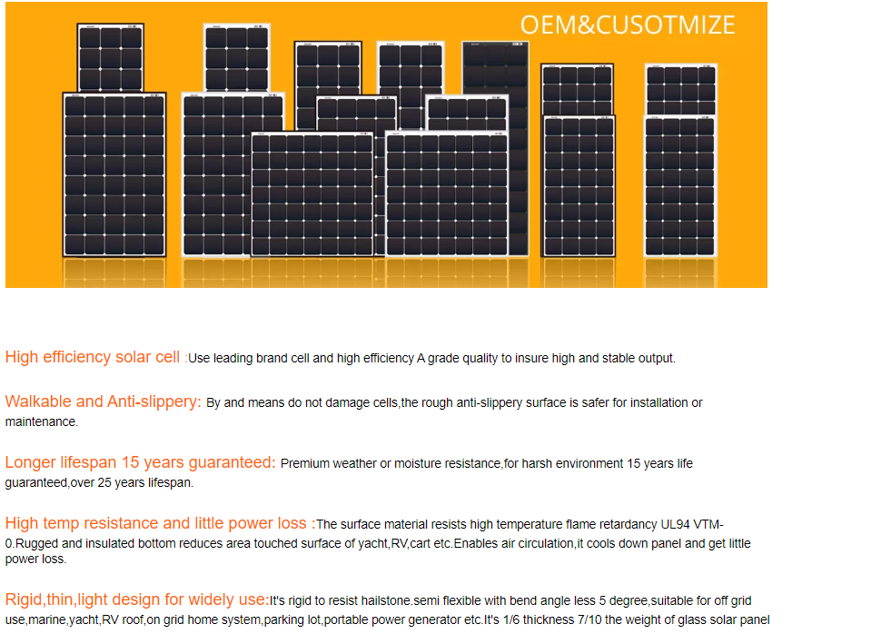 Walkable 100 Watt Mono Perc Solar Panel Semi Rigid Monocrystalline Solar Panel