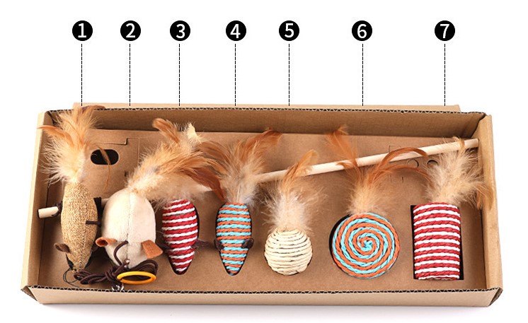 Cat Teaser Playing Cat Toys Interactive Set Wooden Gift Box 7pcs Cat Teaser Wand for Cats