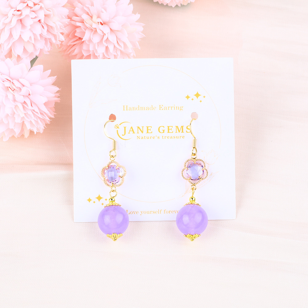 Handmade Crystal Stone Earrings Purple Chalcedony Gemstone Beaded Pendant Earrings Healing Crystal Stone Earrings