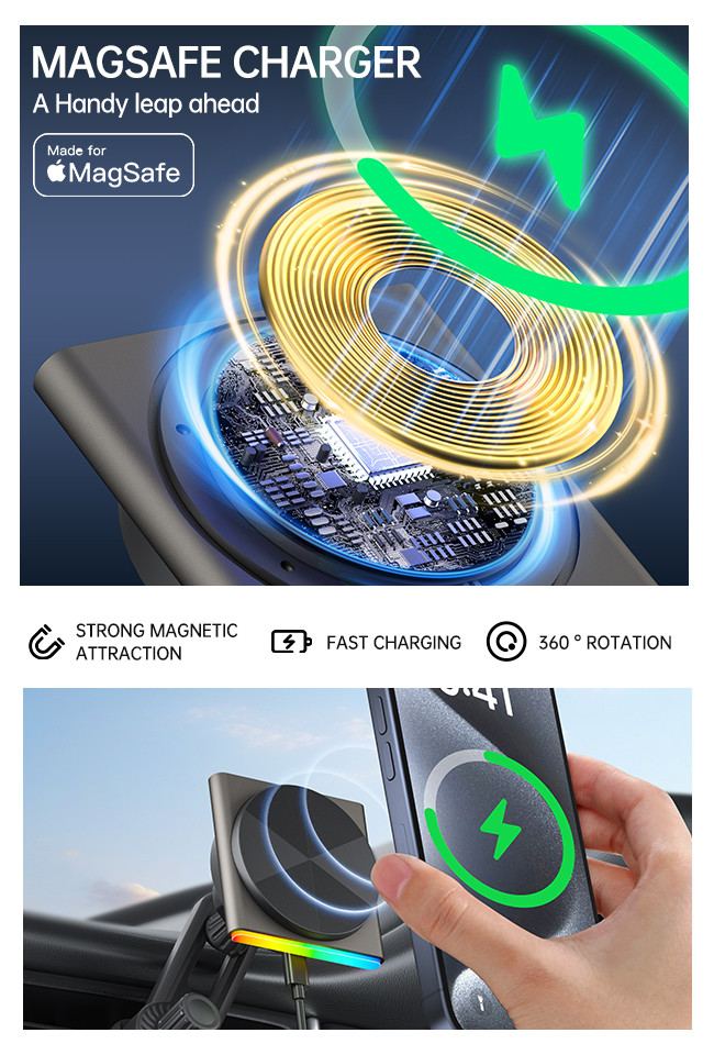 Metal Iphone Car Charger 9-Color RGB Light Effect Wireless Car Mounted One-Hand Operation Fast Charging