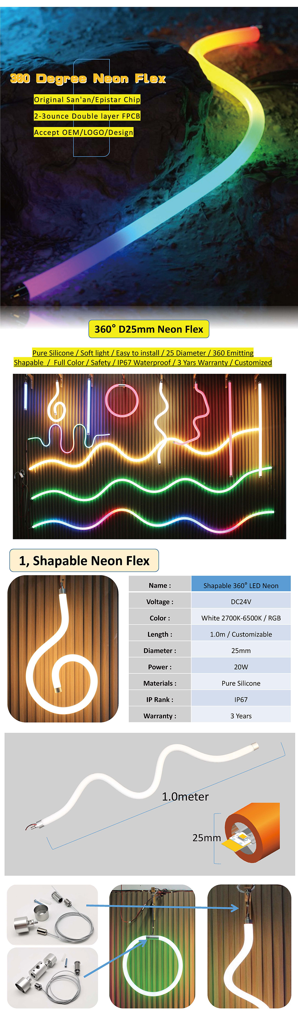 25mm Dia Silicone Dimmable LED Strip 12V 24V Flexible Neon Tube Lighting