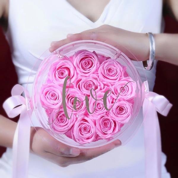Preserved Rose Flower Eternal Rose in Transparent Round Acrylic Box for Love