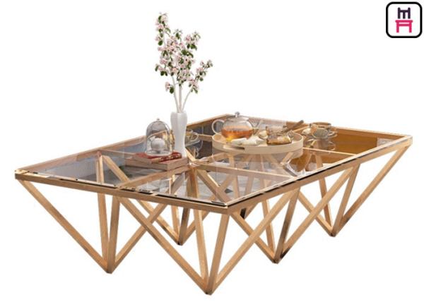Indoor Tempered Glass Top Stainless Steel Coffee Table With Triangle Geometrical