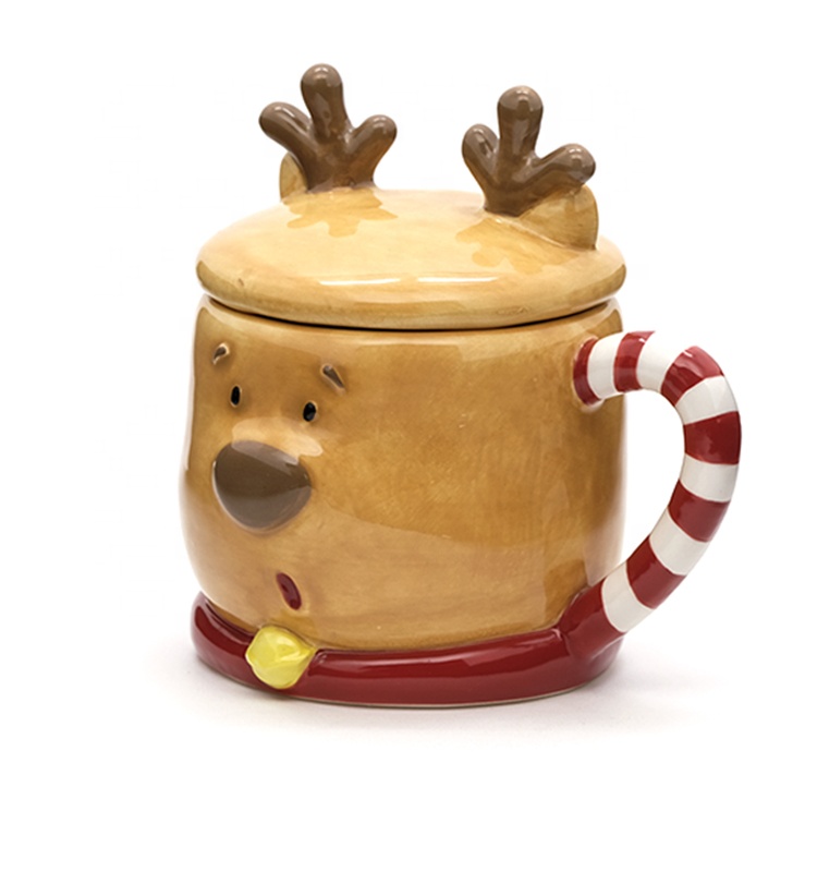 Ceramic Coffee Mugs Deer Shaped 3D 5"X4"X5" 8OZ Christmas Gift With Lid Handpainting For 1 Users