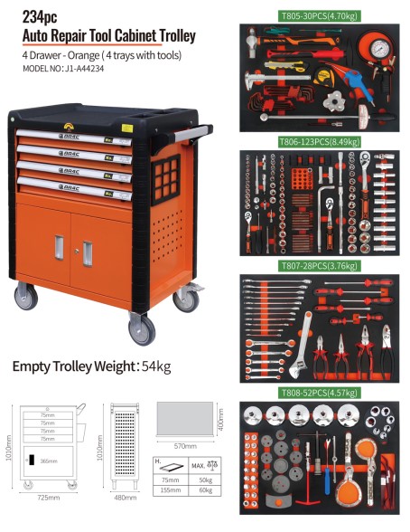 234pcs Mobile Tool Cabinet 4 Drawers Mechanic Rolling Tool Box Trolley On Wheels