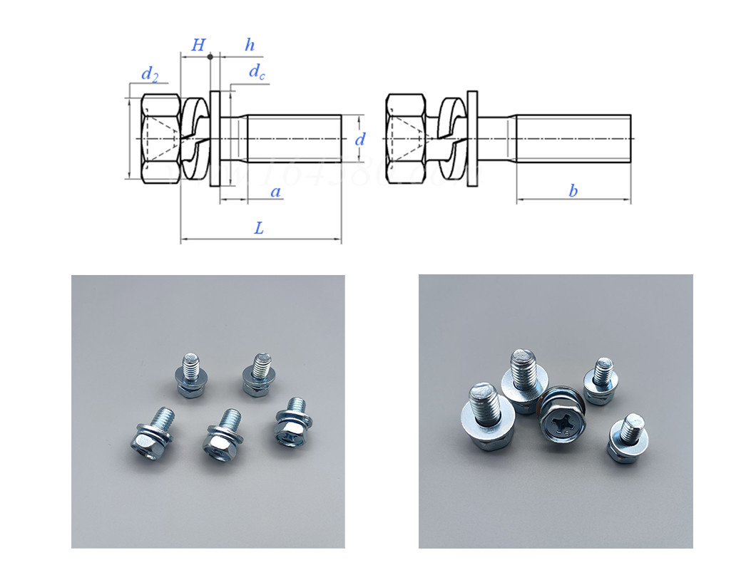 Cross Recessed Blue-White Zinc Plated Hex Head Bolt with Spring & Flat Washers
