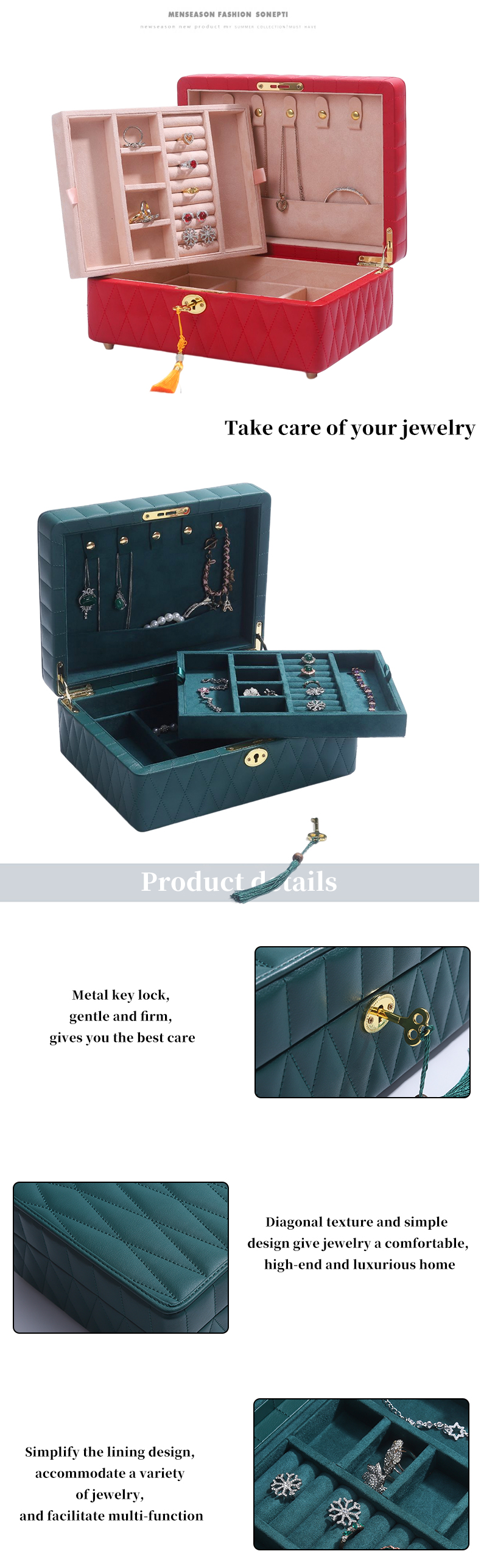 Multifunction Diamond Grain Jewelry Storage Box Leather Jewelry Organizer With Tassel