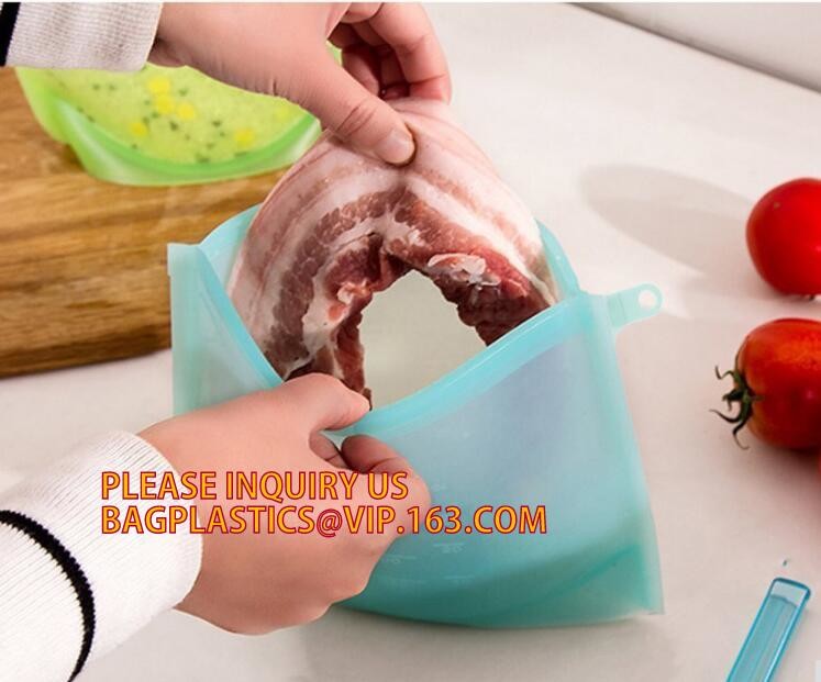 Storage preservation reusable silicone food bag,FDA reusable silicone storage food bag with Zip lockk in microwave bagease