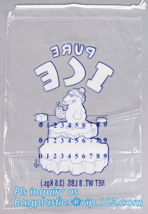 ECO FRIENDLY ICE PACK BAGS, ECO GREEN PACKAGING, BIO ICE BAG, disposable drawstring top crystal clear ice plastic bag,