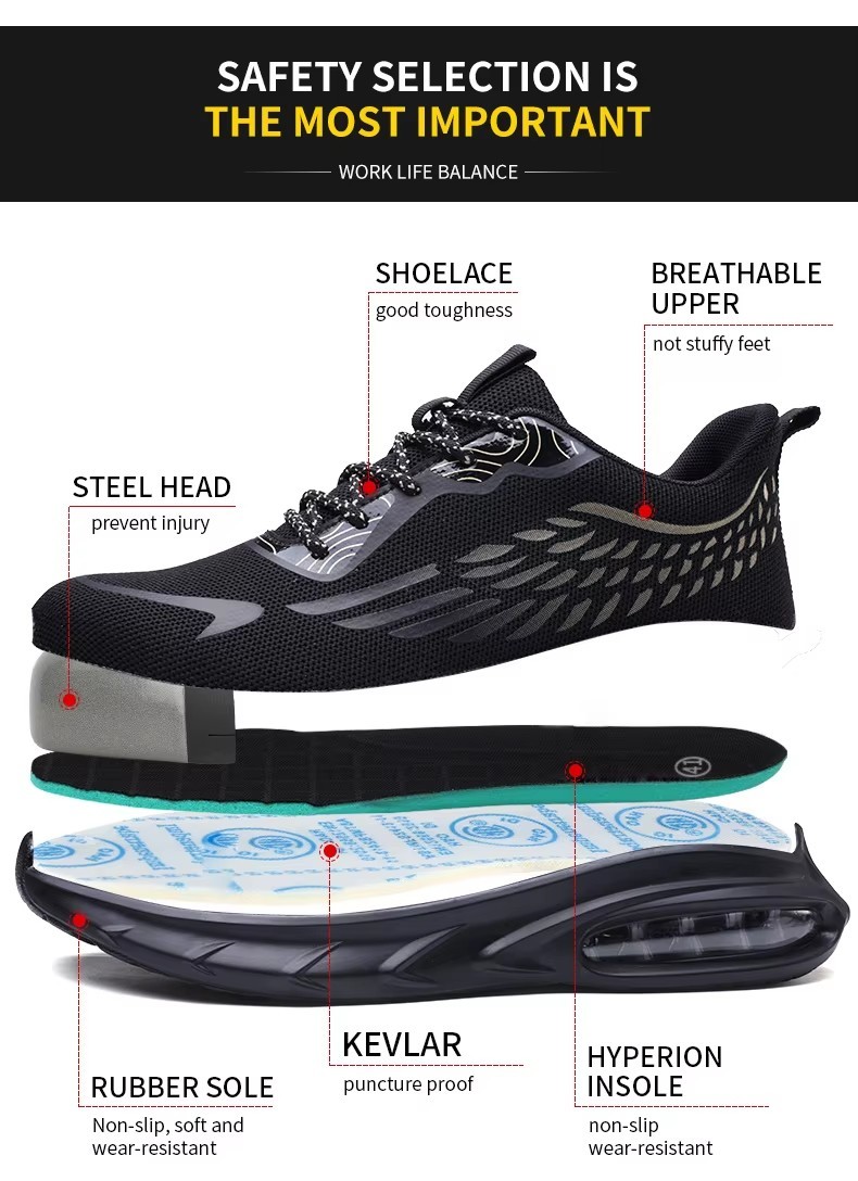 Industrial Work Flyknit Safety Shoes With Air-cushioned Sole And Kevlar Midsole