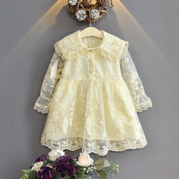 24in Embroidered Lace Children'S Dress Clothing Beige Long Sleeve Princess