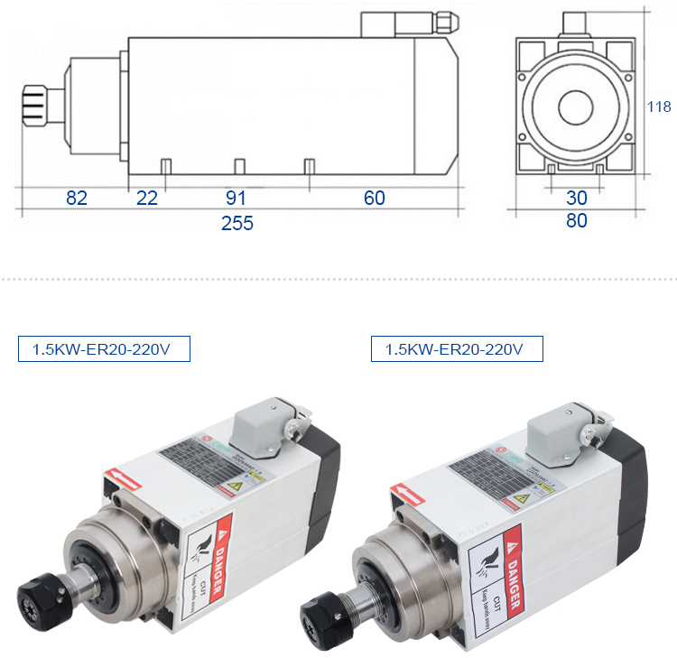 80*73 Square Spindle Motor for CNC Router Inverter Drive Fan Cooling 1.5KW GDZ80*73-1.5