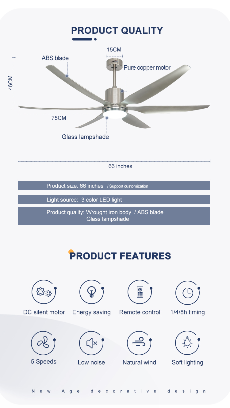 High Speed 66" LED Lighting Ceiling Fan with Pure Copper DC Motor and 6 ABS Blades