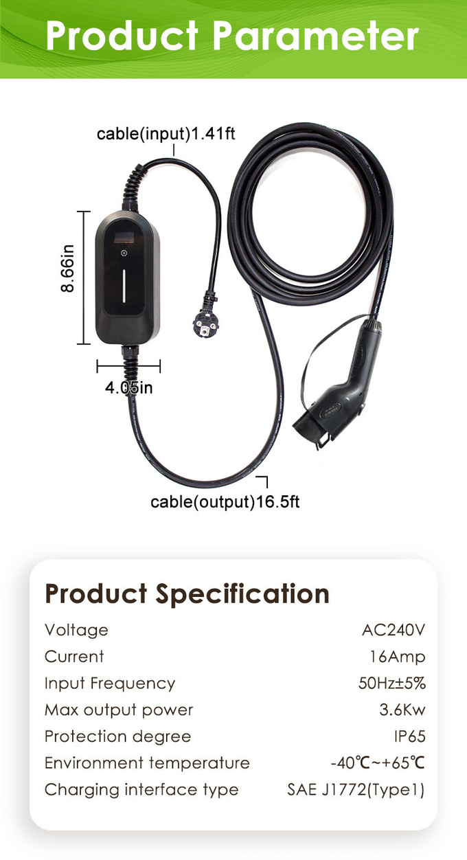 EVCOME Portable Electric Car Charger (220V 3.5KW MAX 16A ) 5M Or Customized Cable With OEM ODM