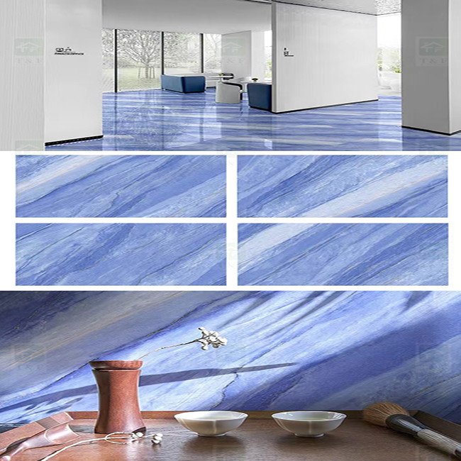 Apartment Glazed Polished Porcelain Tiles 60x120 Full Body Blue Glossy Interior