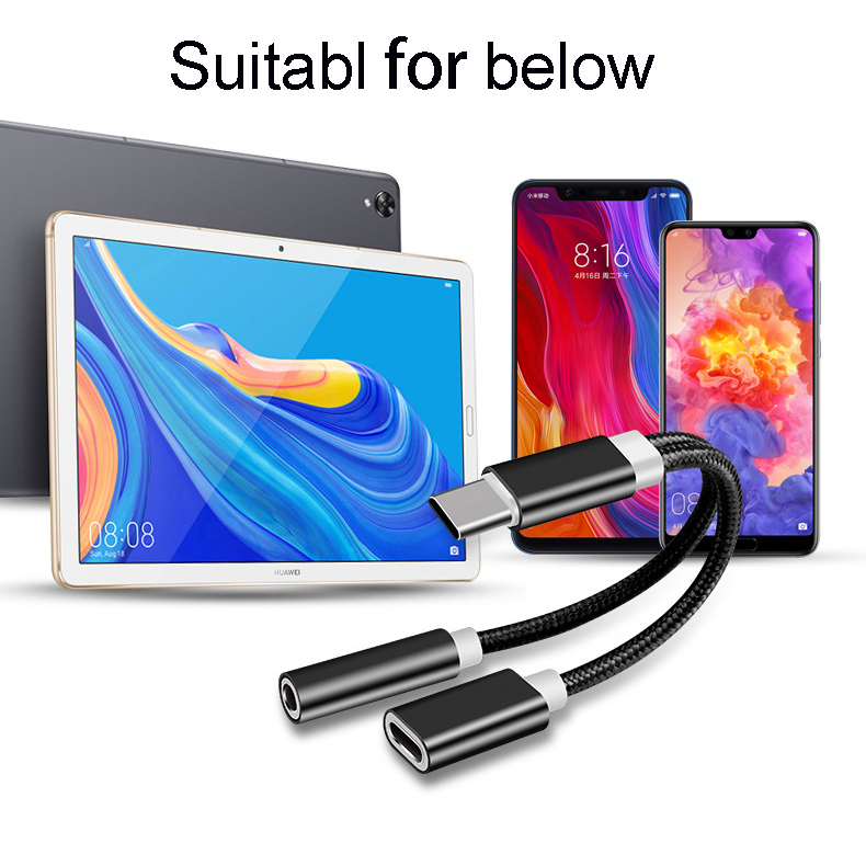 2 in 1 Type C to 3.5 mm Charger Headphone Audio Jack USB C Cable Portable Type-C to 3.5mm Connector Adapter for Mobile Phone