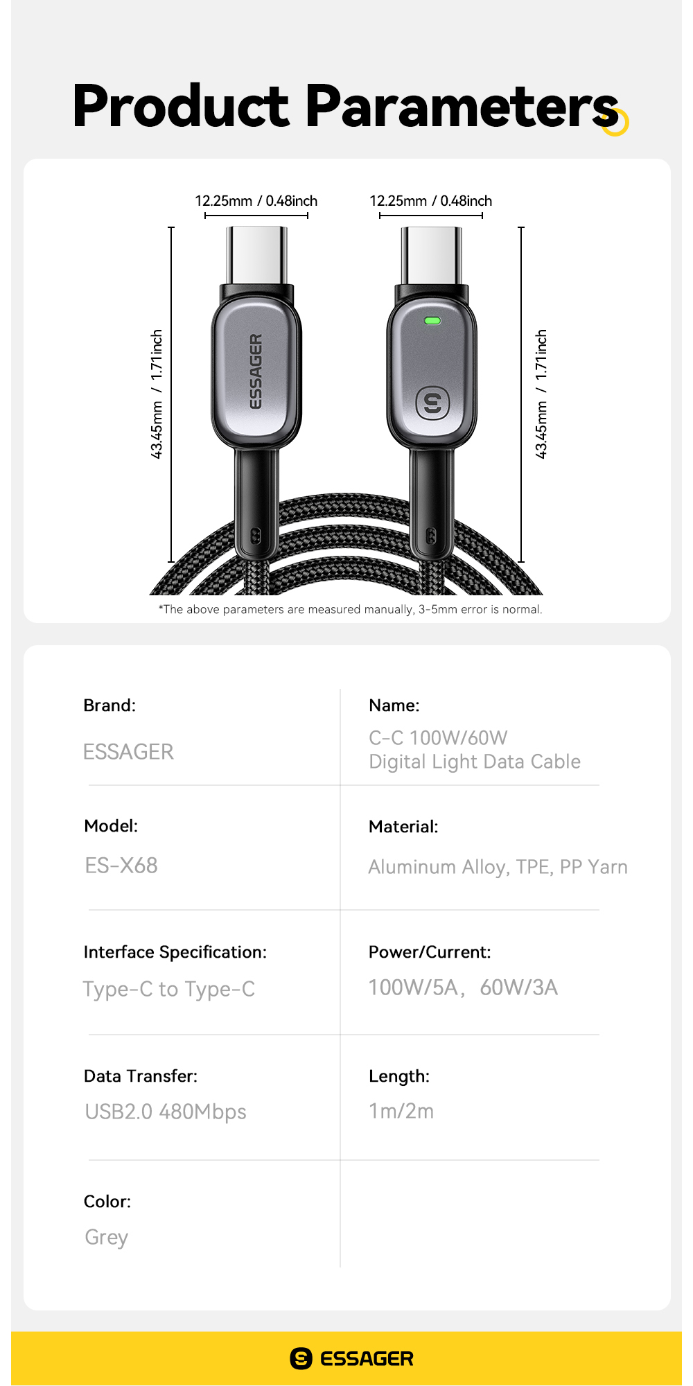 ESSAGER ES-X66 Series 60W 100W USB C to USB C Cable