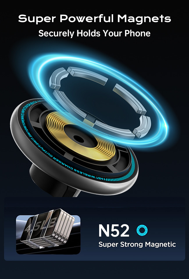 Innovative Metal Magnetic Wireless Charger Car Phone Holder For Automotive With Wireless Charging Station And Ambient Ligh
