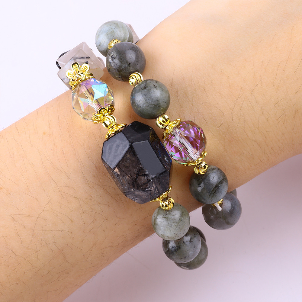 Handmade Labradorite Multifacted And Round Double Layer Stretch Bead Bracelet For Gift Giving