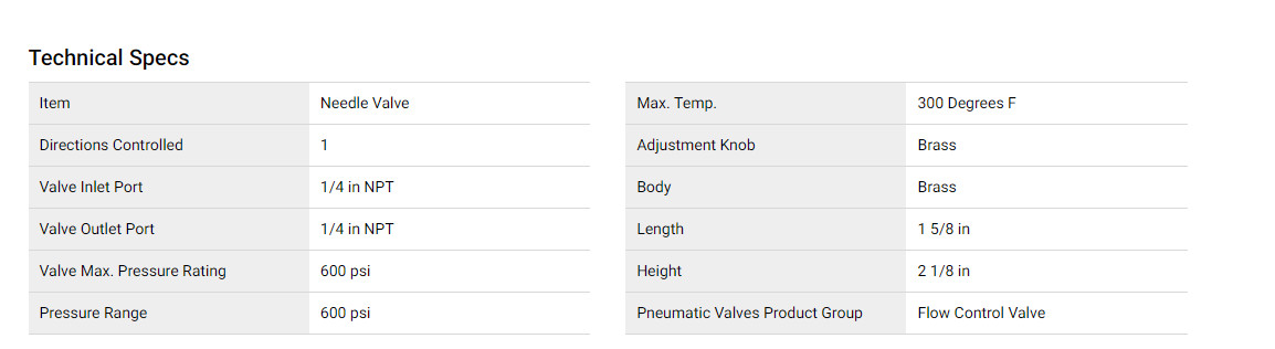 1/4'' NPT Brass Needle Valve , 600 Psi Female Male Compression Needle Valve