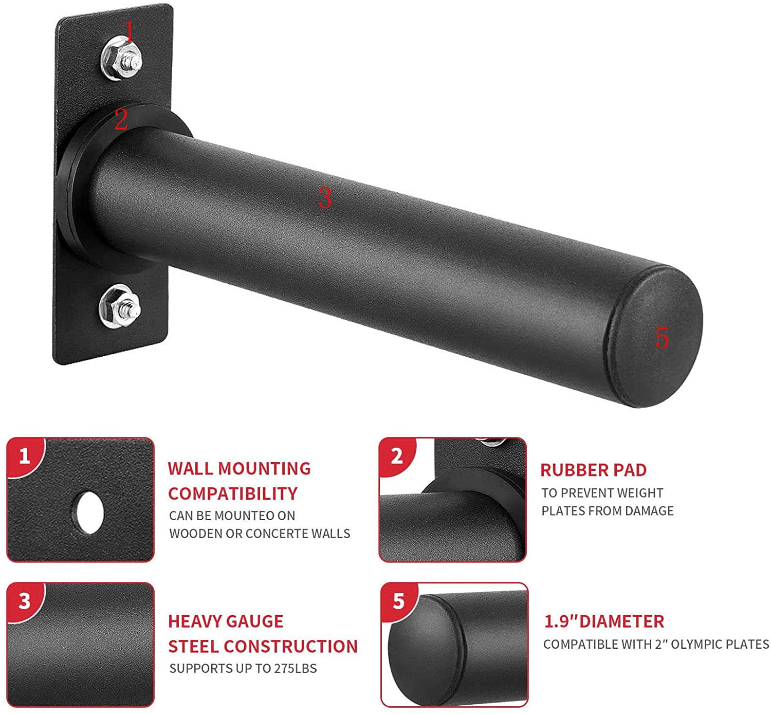 Wall Mount Tube Power Cage Weight Plate Storage Rack Attachment with Metal Pin Bracket