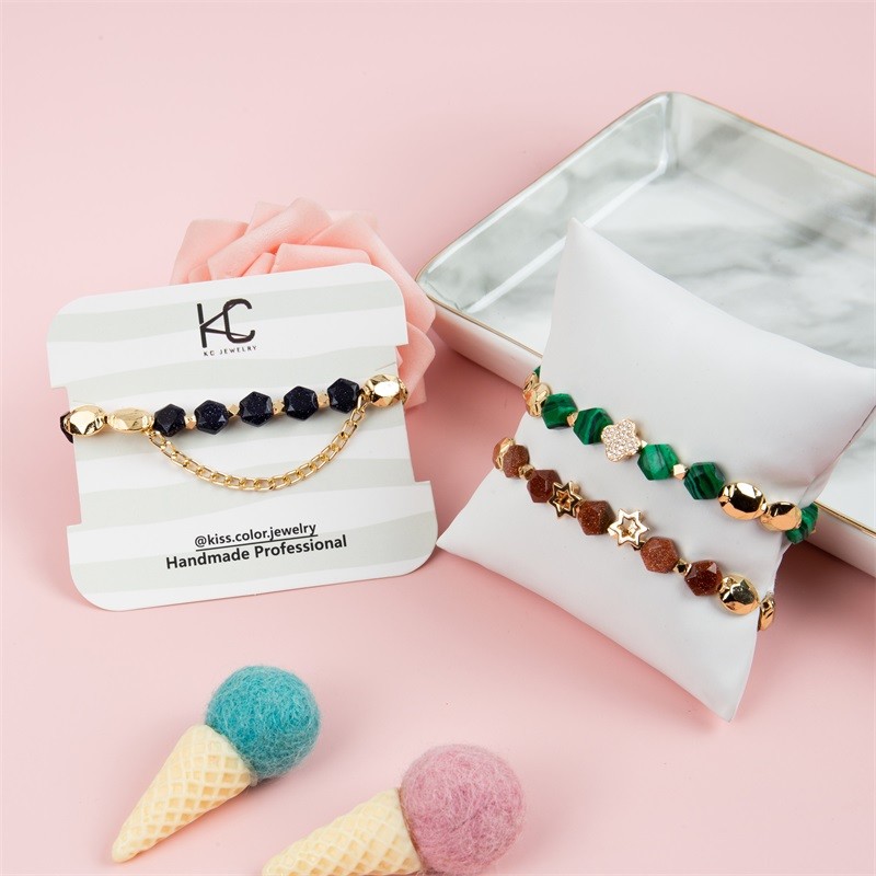 Stretchy Malachite Beads Zircon Leaf Charm Bracelet With Gold Chain