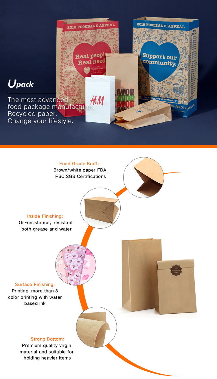 Customize Bottom Tote Kraft Paperbag Print Brown To Go Lunch Takeaway Bags