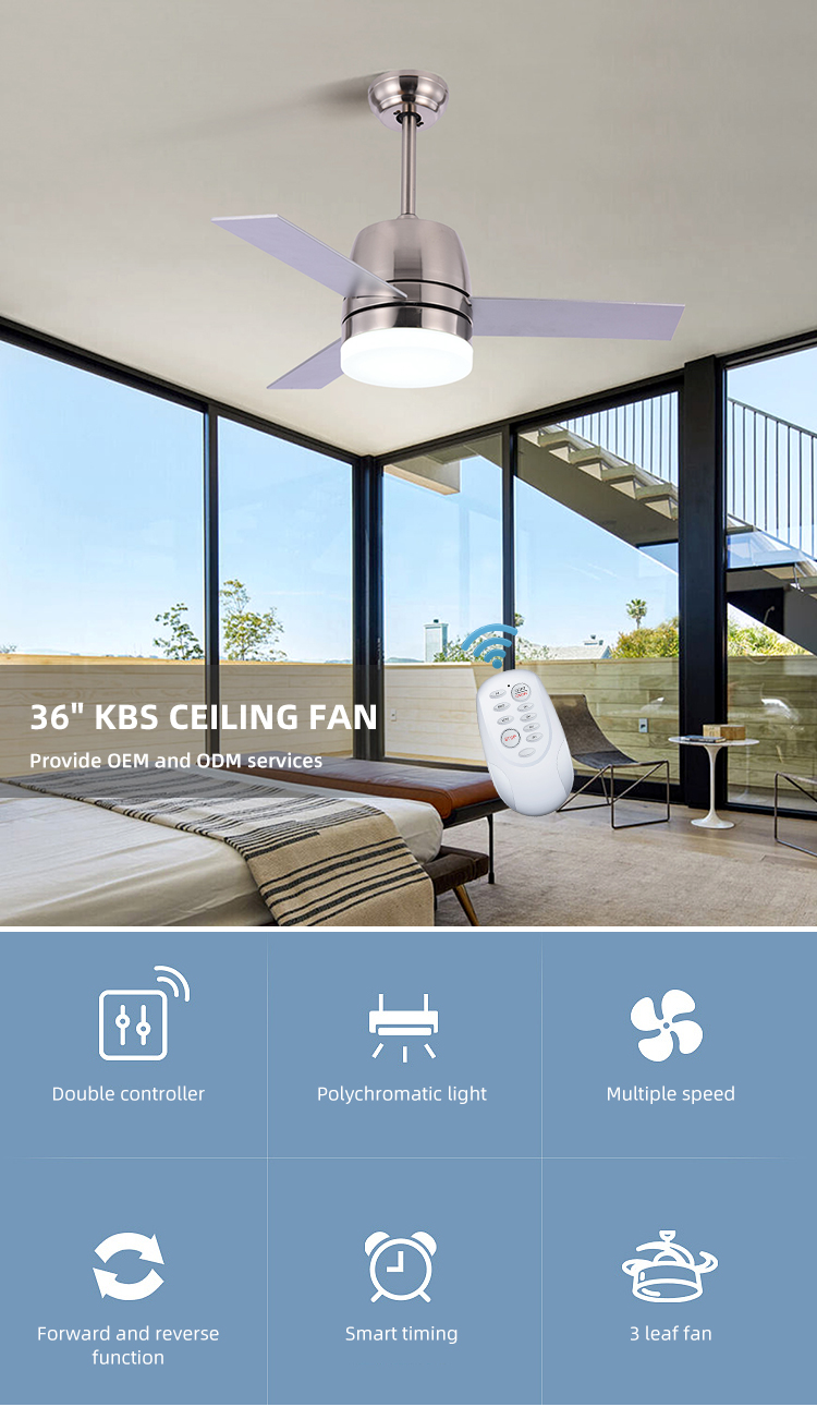 65W 3000K 36 Inch Ceiling Fan Light Iron 3 Blade Metal Ceiling Fan