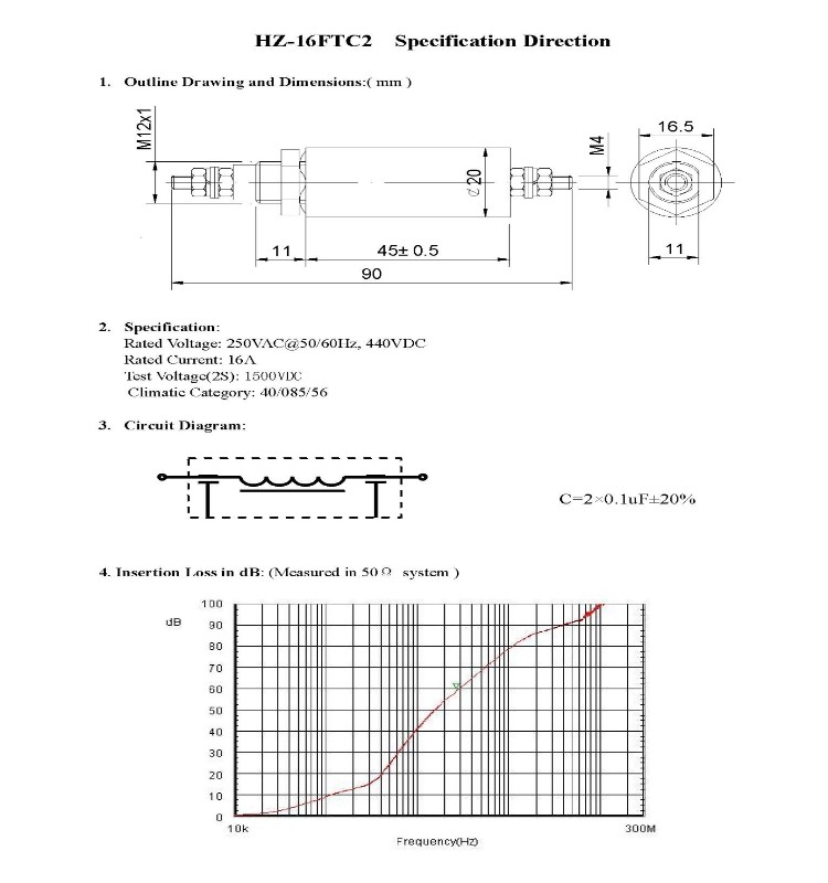 250VAC 16A Rf Feed Thru Emi Feedthrough Filter Electrical Power Filter for rf shielding