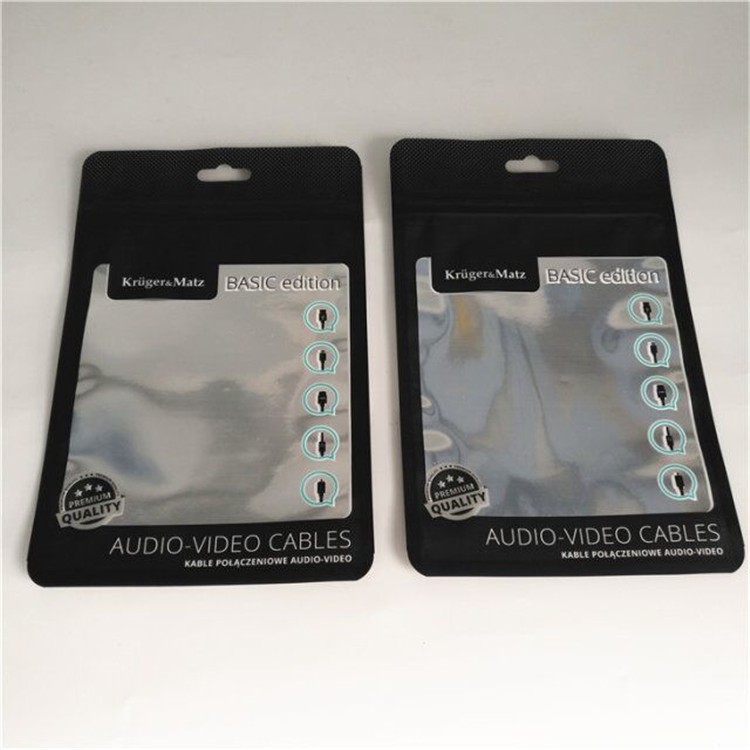 Matte Black Aluminium Foil Pouch Phone Case Packaging Wire Cable Zipper Lock With Clear Window