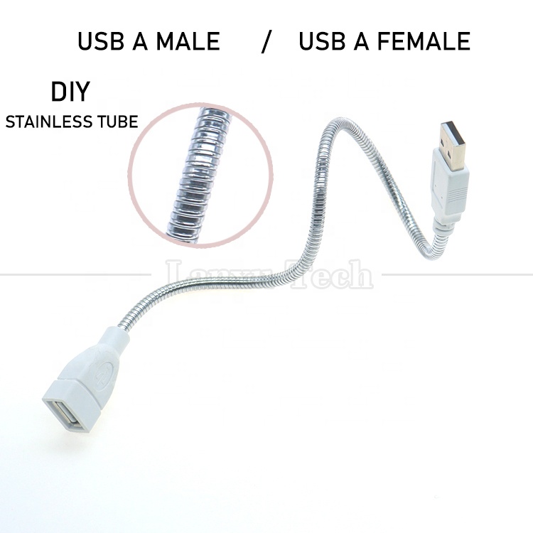 Flexible Metal Stainless Hose Male to Female USB Charging Extension Adapter Cable for Led Light Fan