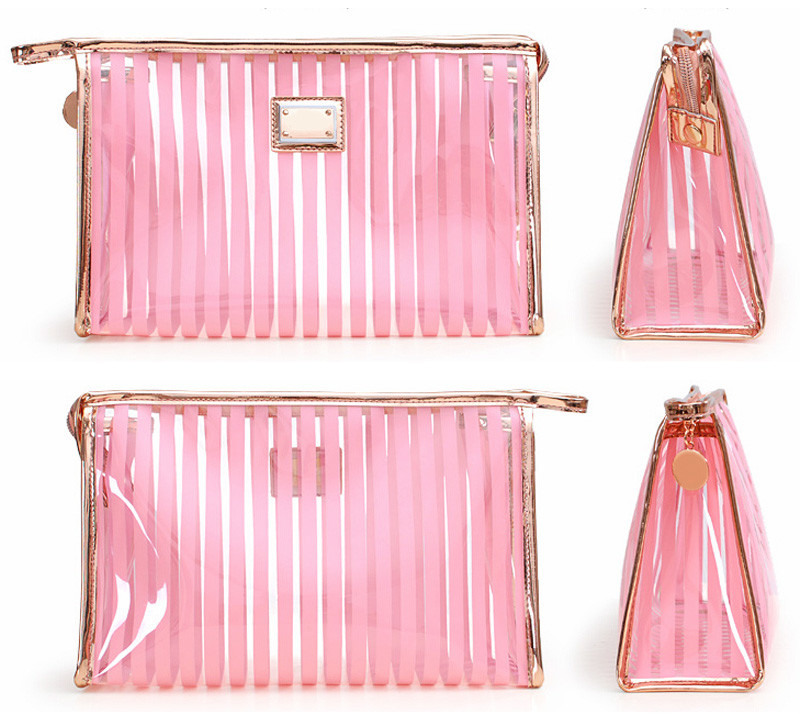 Pink Stripe Pattern Storage Bride PVC Cosmetic Bag