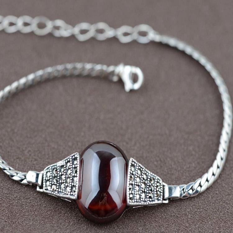 Women Sterling Silver Garnet Charm Chain Bracelet Vintage Jewelry(XH017992W)