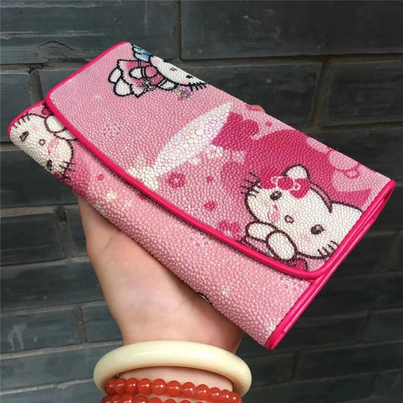 Cute Authentic Stingray Skin Lady Long Kitty Cat Trifold Wallet Genuine Leather Female Clutch Card Bag Women Coin Purse