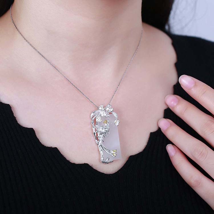 925 Sterling Silver Sculptured Flower Bird Natural Jade Pendant Necklace (DZ011049)