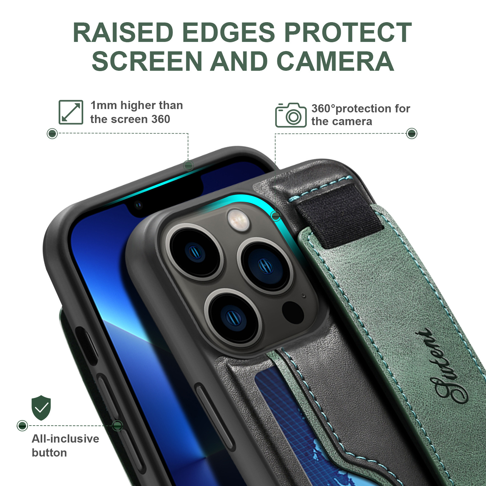 14 Pro Max Mobile Phone Case with Wrist Strap Stand and Card Slot in Green PU Leather