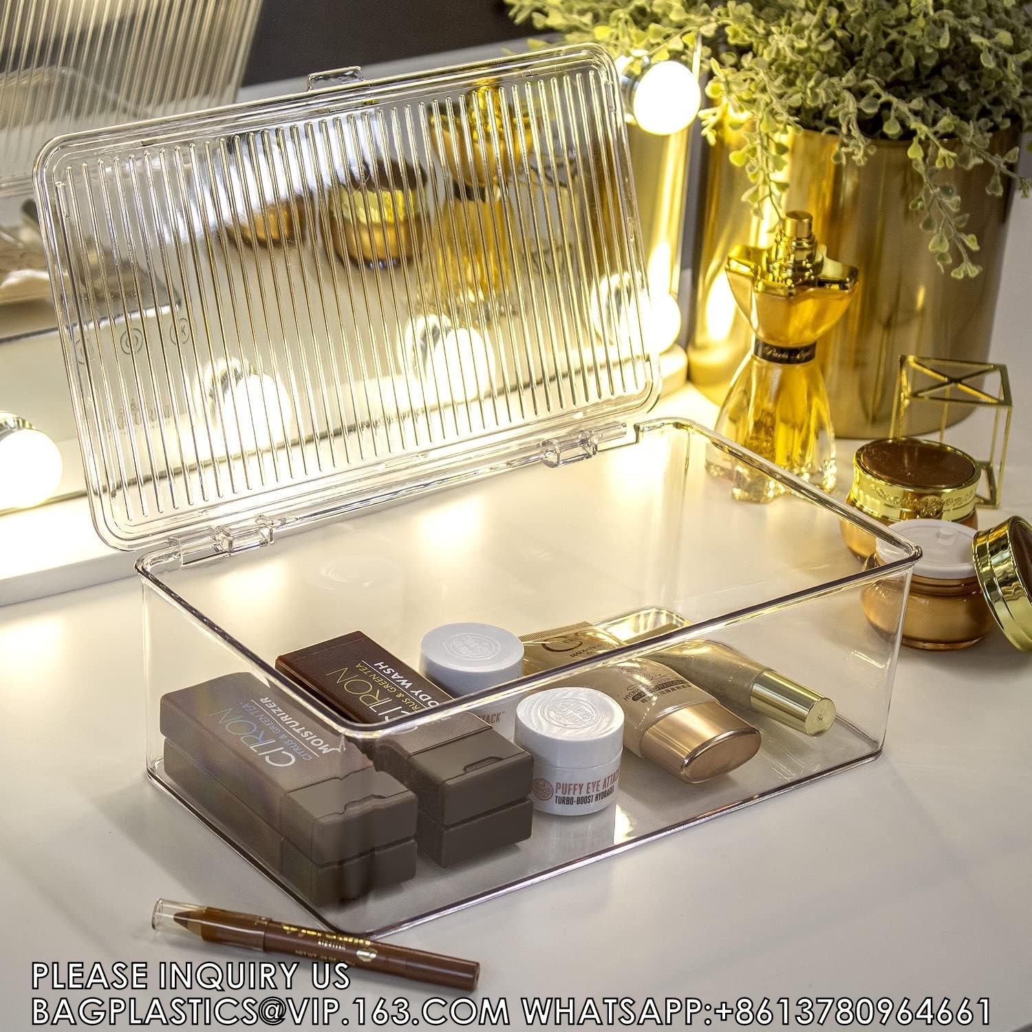 Plastic Bathroom Vanity Organizer Bin With Lid For Medication, Accessories, Cosmetics And More, 7.25" X 10.75" X 5"