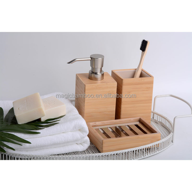 3Pcs Natural Bamboo Soap Dispenser Set Customized for Bathroom