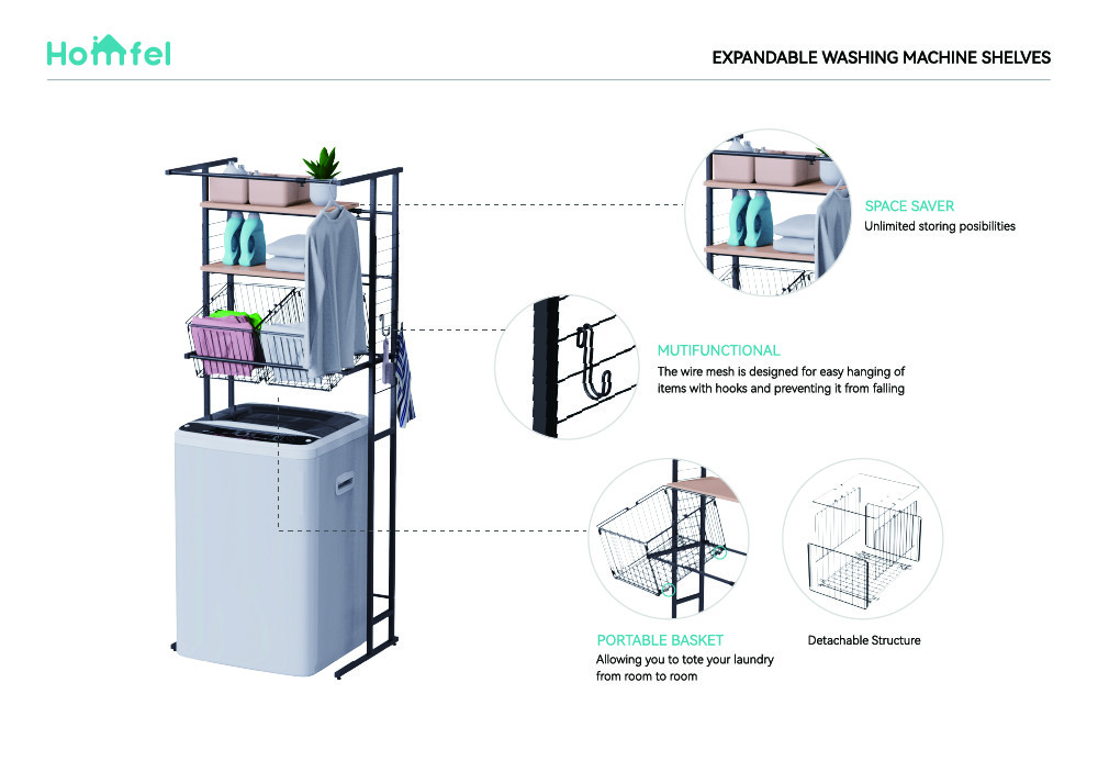 Pull Out Expandable Laundry Room Shelf Over Washing Machine Storage Rack 3-Tier Shelving Units With Rod