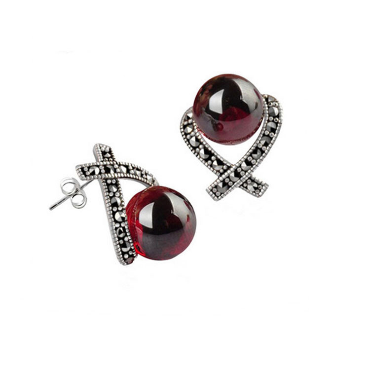 Vintage Thai Sterling Silver Red Cubic Zirconia Marcasite Earrings (E12285)