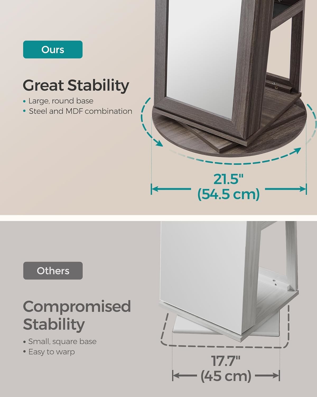 Brown 360° Swivel Jewelry Cabinet Rectangle Standing Mirror With Storage